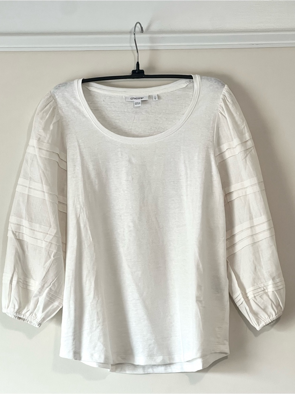 Chico's Alabaster Linen Pintuck 3/4 Balloon-Sleeve Top